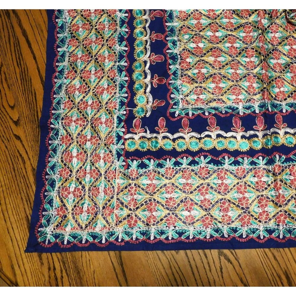 Aghabani Tablecloth & 12 Napkins Set Multicolor Embroidered on Blue 96x56 Inches - Picture 9 of 14